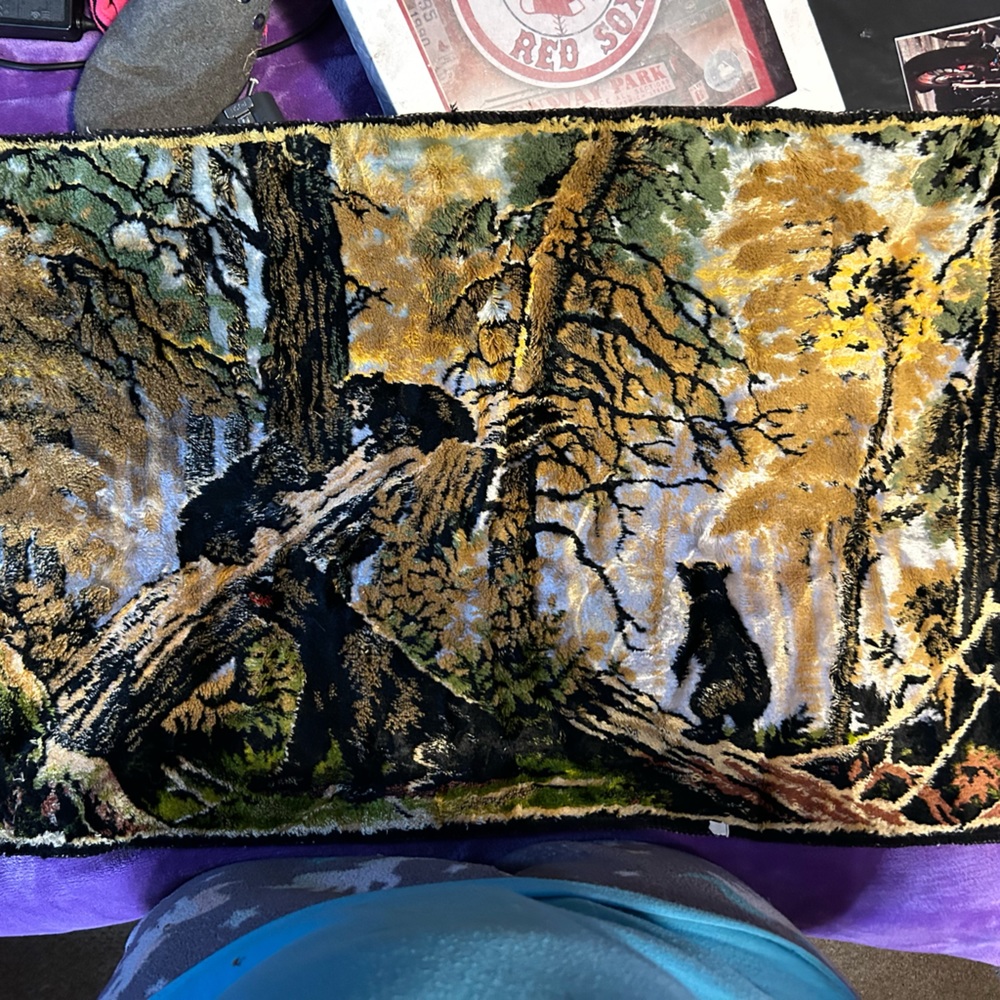 Vintage AUTHENTIC VELVET Mama Black Bear 3 Cubs in Forest Rug Wall Tapestry